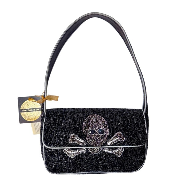 💀 Viral Beaded Skull & Crossbones Shoulder Bag – Black & Silver Gothic Purse - Picture 1 of 8